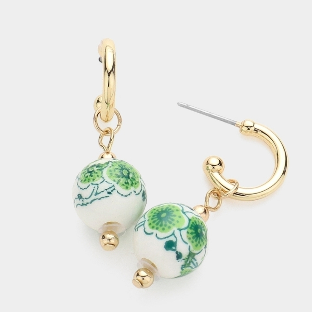 NWT Floral Printed Ceramic Ball Dangle Earrings